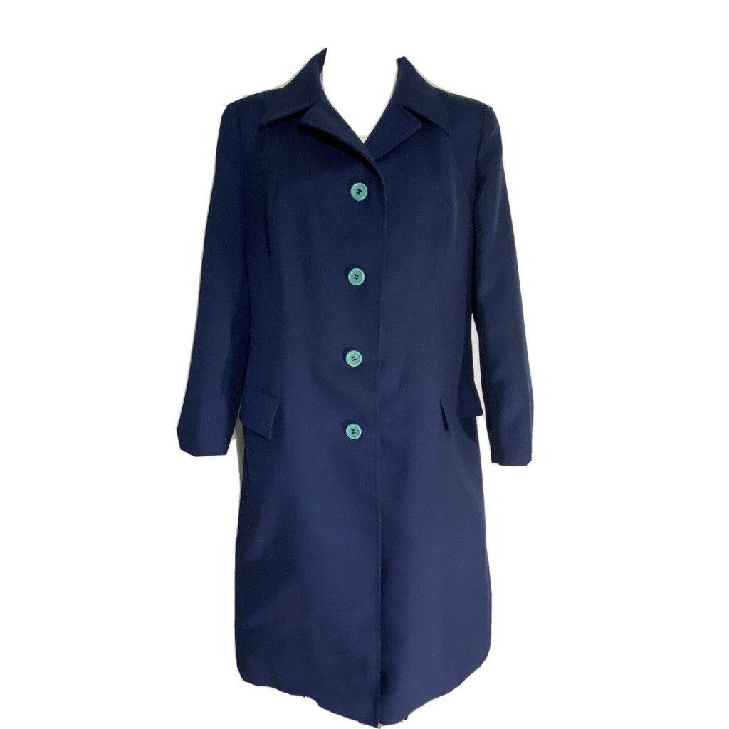 Galeries Lafayette Paris Navy Blue Trench Long 4 Button Pockets Lined Size M/L